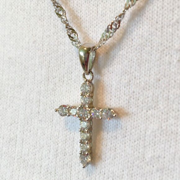 Sterling Silver Cross Necklace Cubic Zirconia Pendant 925 17in Twist Chain - Picture 1 of 14